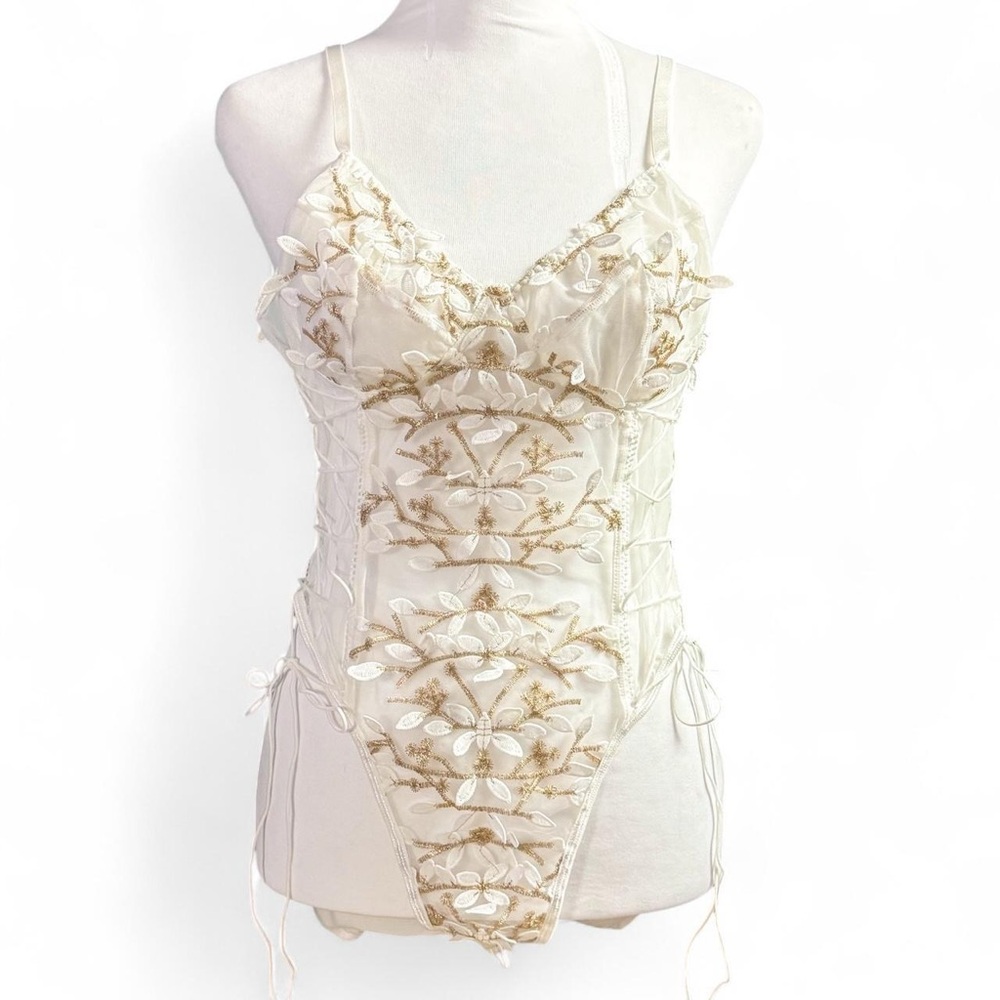 White and Gold Floral Embroidered Bodysuit